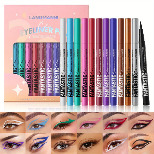 12-Color Professional Liquid Eyeliner Set - Waterproof & Smudge-Proof Colorful Eye Makeup - Long-Lasting Matte & Metallic Rainbow Eyeliner Pens