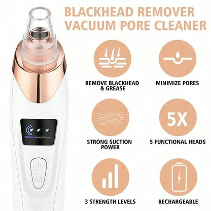 Professional Electric Blackhead Remover Vacuum - Pore Cleaner with 5 Suction Heads & USB Rechargeable Acne Pimple Extractor Kit