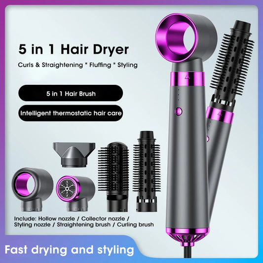 5-in-1 Professional Electric Hair Dryer & Multi-Styler Set - Intelligent Heat Control for Fast Drying, Volumizing, Curling & Straightening